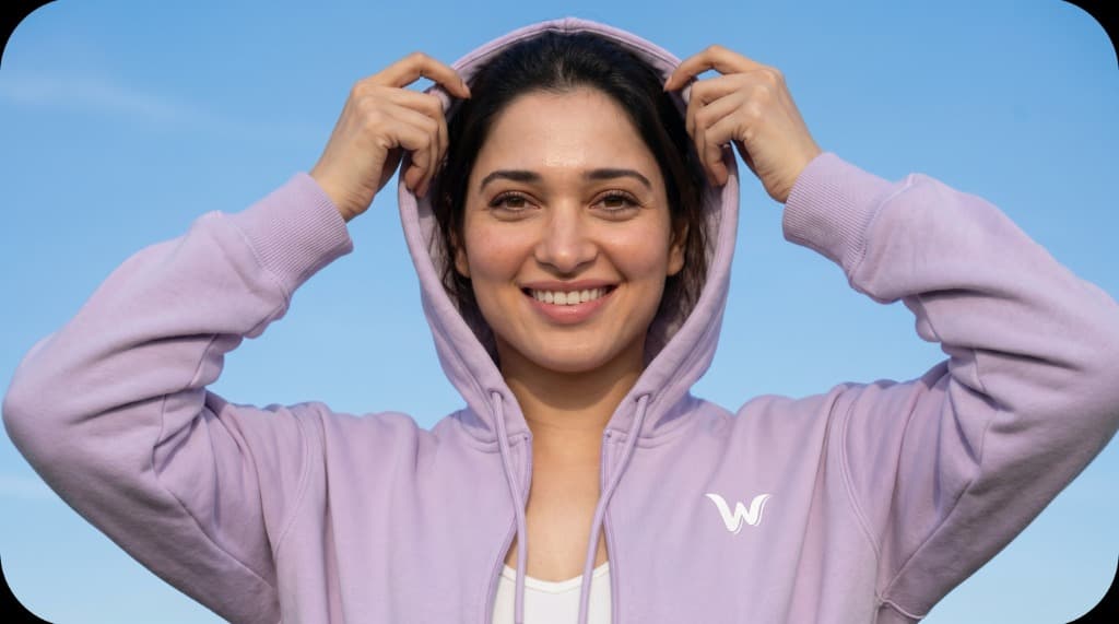 Close-up portrait of model pulling hood over head smiling outdoors