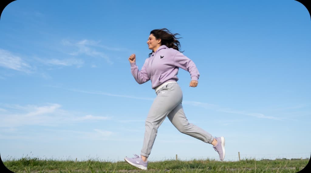 Model running outdoors in Wamaaz activewear lavender hoodie and grey pants